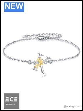 Sterling Silver Initial Letter K Sunflower Link Bracelet for Women